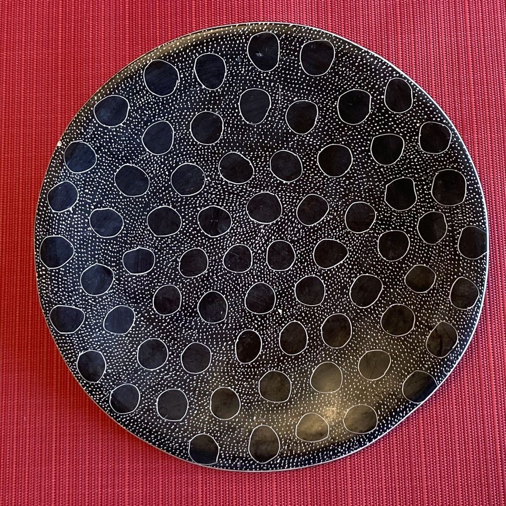 Vintage Pottery Black Plate / White‎ Circles and Dots / Geometric Design / Kenya
